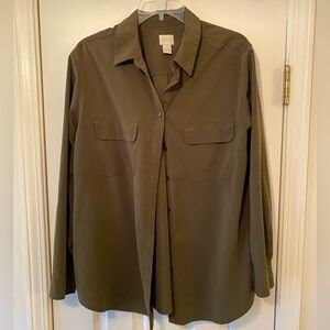 Chico’s Size 3 Dark Olive/Green Long Sleeve Button Shirt with two chest pockets.